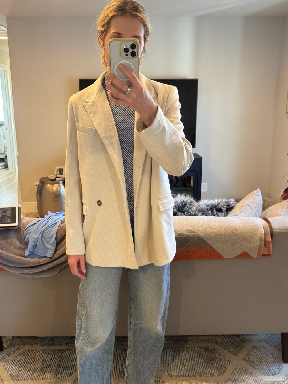 Topshop Cream Textured Oversized Blazer – US 4 / UK 8 / EU 36